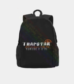 Black Trapstar Body Bag featuring signature logo branding, adjustable shoulder strap, secure zip compartments, and a compact streetwear design.