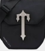Black Trapstar Crossbody Bag featuring signature logo branding, adjustable shoulder strap, secure zip compartments, and a compact streetwear design.