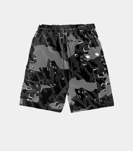 Black Trapstar Decoded Camo shorts featuring camouflage-inspired detailing, signature branding, side pockets, and a comfortable relaxed fit.