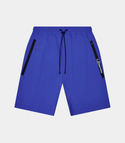 Blue Trapstar Hyperdrive shorts featuring signature branding, a comfortable elastic waistband, side pockets, and a relaxed athletic fit.