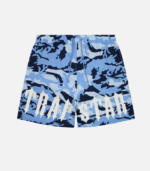 Blue camouflage Trapstar Irongate shorts featuring signature branding, an elastic waistband, functional pockets, and a relaxed streetwear fit.
