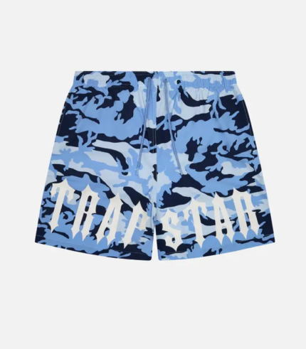 Blue camouflage Trapstar Irongate shorts featuring signature branding, an elastic waistband, functional pockets, and a relaxed streetwear fit.