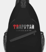 Black Trapstar It’s A Secret Bag featuring signature branding, adjustable shoulder strap, secure zip compartments, and a compact streetwear design.