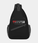 Black Trapstar It’s A Secret Bag featuring signature branding, adjustable shoulder strap, secure zip compartments, and a compact streetwear design.
