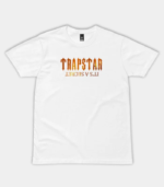 White Trapstar It’s A Secret Fire T-Shirt featuring bold fire-inspired graphic branding, short sleeves, a crew neck, and a comfortable regular fit.