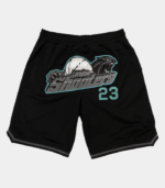 Black and navy Trapstar Shooters SS23 Basketball shorts featuring signature Shooters branding, an elastic waistband, side pockets, and a relaxed athletic fit.